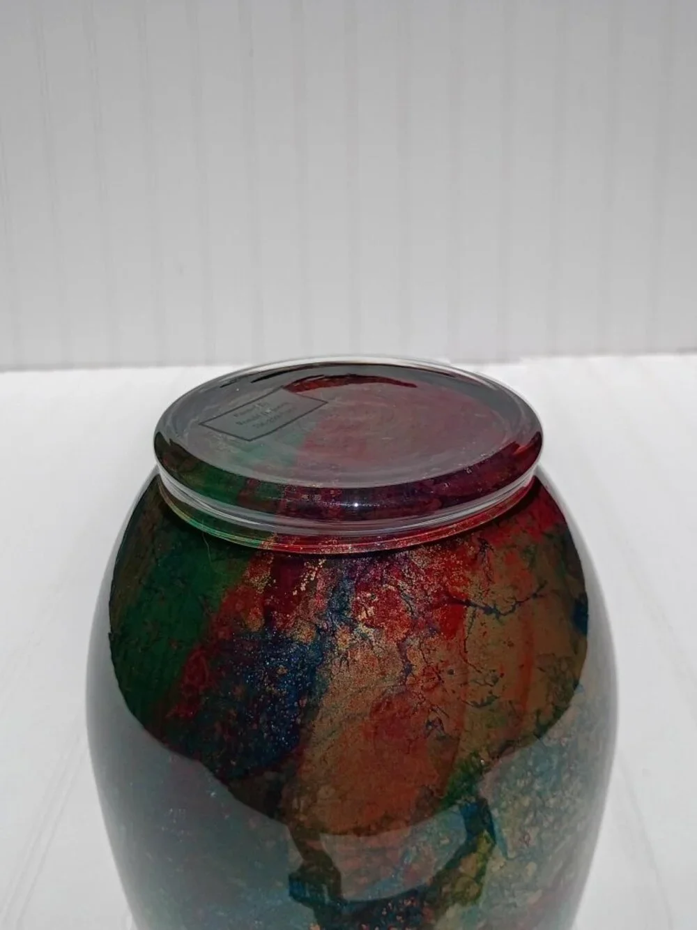 Vintage Hand Painted Art Glass Vase Abstract Swirl Green Red Gold Colorful Decor